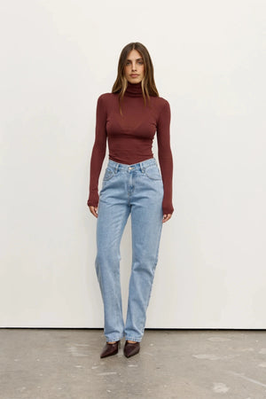 Airlie Top Burgundy by Bayse – semi sheer turtleneck knit top with sleek second skin fit and long sleeves.