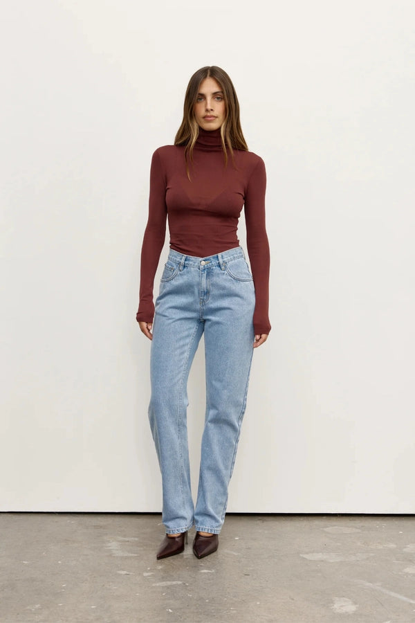 Airlie Top Burgundy by Bayse – semi sheer turtleneck knit top with sleek second skin fit and long sleeves.
