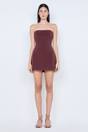 Romee Strapless Mini Dress Raisin by Bec + Bridge, structured crepe mini dress for cocktail and evening events