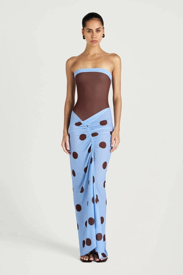 Benni strapless maxi dress with cascading hem and cut out detail, perfect for evening or event styling
