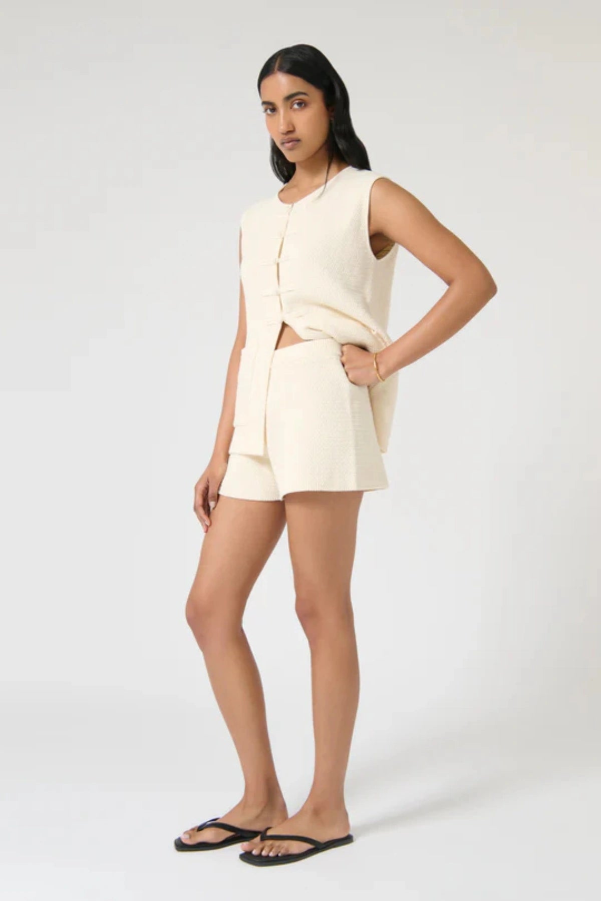 Helena Shorts – Ivory by Onte, mini crochet-knit shorts with stretch waist. Perfect for sunny days or matching with the Helena Gilet.