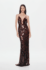 Sapphire Sequin Dress Fig by Misha — A shimmering maxi with plunging V-neck, slim fit, voluminous hem, and low-back design. Perfect for standout evenings.
