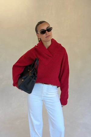 Olsen Drape Neck Knit Sweater Red by Sneaky Link, soft draped knit sweater, perfect for chic winter layering