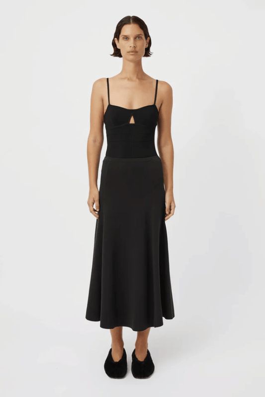 Ophira Bodysuit Black by Camilla and Marc – sleek knit with bold cut-out and satin straps, a trendy pick for nights out or elevated layering.
