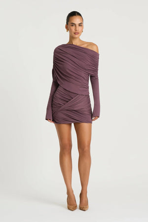 Otto Long Sleeve Mini Dress in Grape by Benni, a draped off-shoulder jersey mini with twisted skirt and long sleeves.