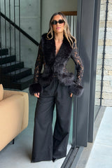 Ella Squire Lace Fur Trim Top Black