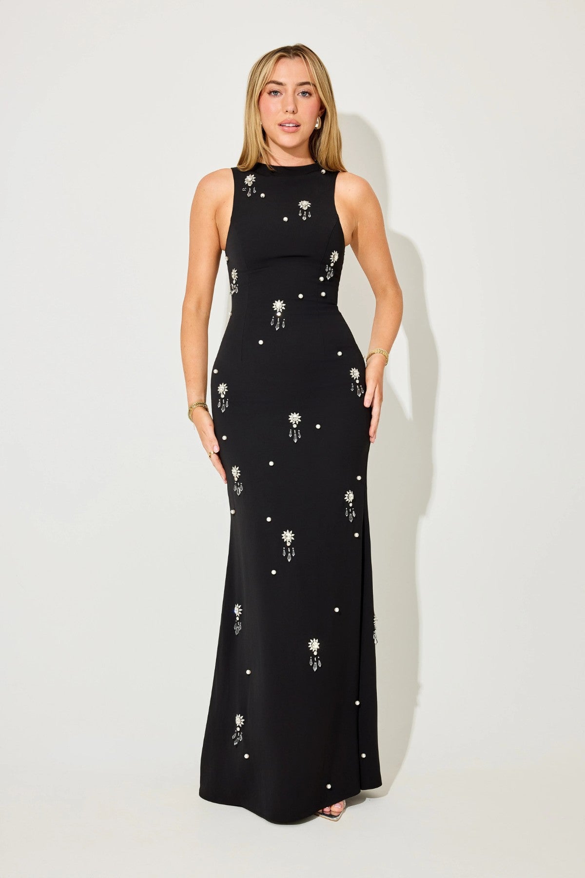 Ultimate Muse Crystal Maxi Dress by Odd Muse, black fitted gown with pearl and crystal accents. A refined, radiant look for evening events.