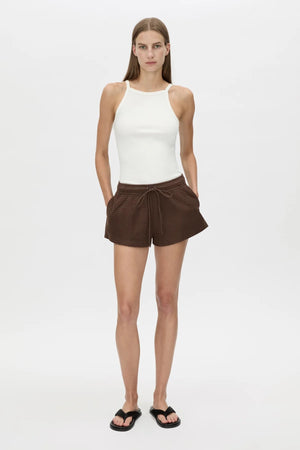 Turrell Short Chocolate by Camilla and Marc, relaxed textured shorts with elastic waist and pockets for effortless everyday styling.