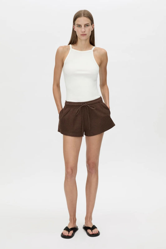Turrell Short Chocolate by Camilla and Marc, relaxed textured shorts with elastic waist and pockets for effortless everyday styling.