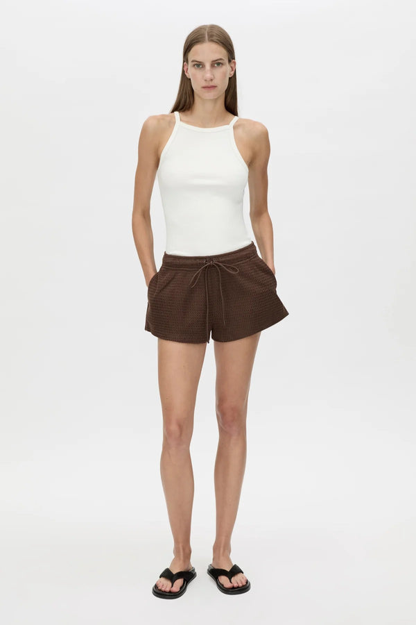 Turrell Short Chocolate by Camilla and Marc, relaxed textured shorts with elastic waist and pockets for effortless everyday styling.