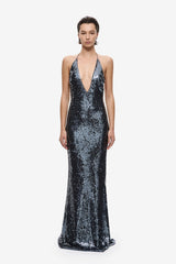 The Plunge Sequin Jersey Maxi Dress Gunmetal