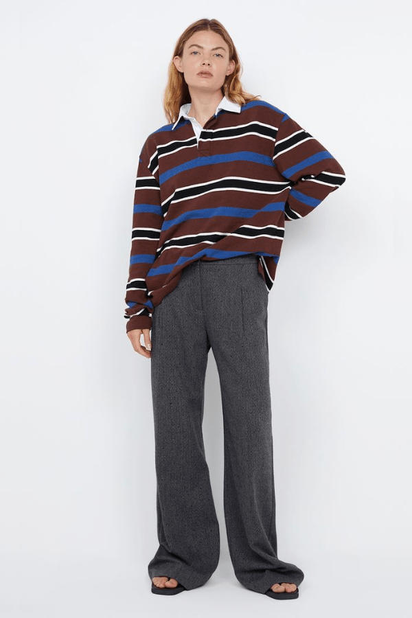 Shae Oversized Pant Charcoal by Bec + Bridge, wide-leg embroidered herringbone suiting with pleat detail, relaxed mid-low waist fit, perfect for work or casual chic.