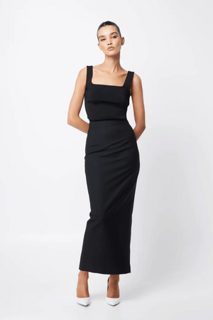 Mayfair Tank Black by Mossman, elegant crepe knit tank with thick straps and square neckline, perfect for trendy viral layering and timeless chic looks.