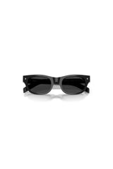 Prada sunglasses in black with Polar Black lenses, featuring signature rivet and logo detailing. A sleek, modern everyday luxury style.