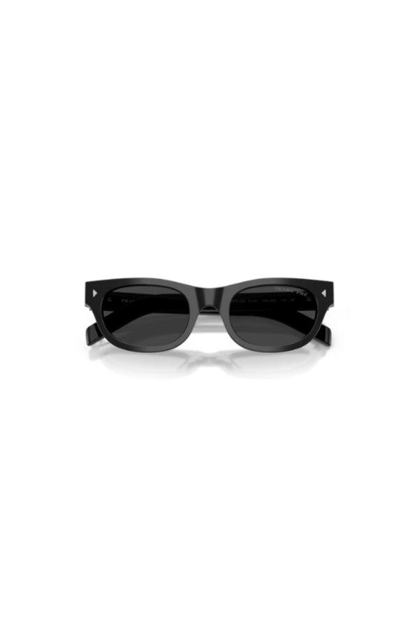 Prada sunglasses in black with Polar Black lenses, featuring signature rivet and logo detailing. A sleek, modern everyday luxury style.