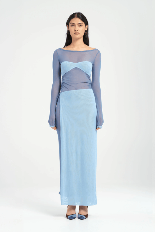 Hendrix Maxi Dress Ocean by Benni – A trendy sheer mesh maxi with contrasting bust and adjustable wrap skirt, perfect for bold after-dark events.
