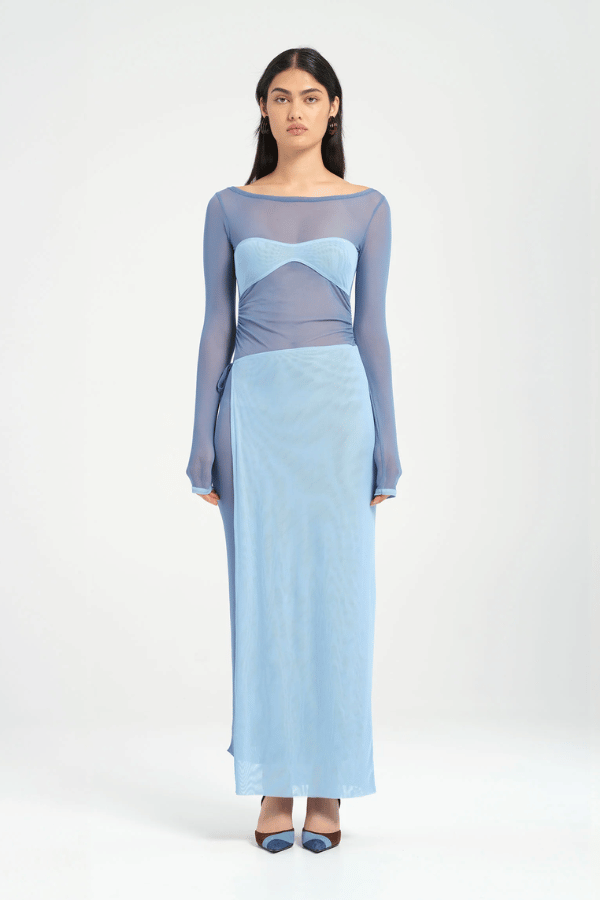 Hendrix Maxi Dress Ocean by Benni – A trendy sheer mesh maxi with contrasting bust and adjustable wrap skirt, perfect for bold after-dark events.