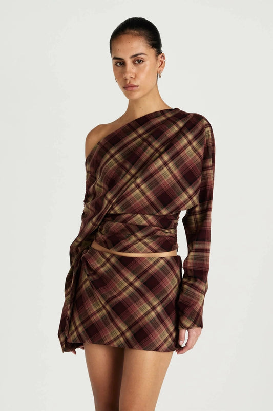 Hera Long Sleeve Top Plum Check by Benni, one shoulder tartan top, perfect for elevated day to night styling