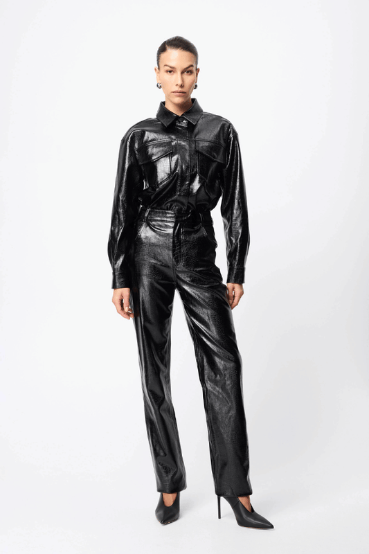 Salt Water Pant Croc by Mossman, high-rise faux croc leather trousers with a straight leg, jean-style pockets, and belt loops. Fierce yet practical for everyday wear.