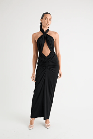 Victoria Maxi Dress Black by Pfeiffer – A sleek, versatile maxi with adjustable halter, removable shrug, and ruching, perfect for elegant, adaptable style.