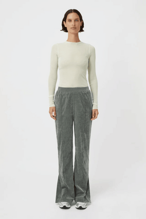 Aneta Velour Track Pant Agave by Camilla and Marc, luxe pintuck velour with side splits, perfect for stylish lounging or weekend errands.