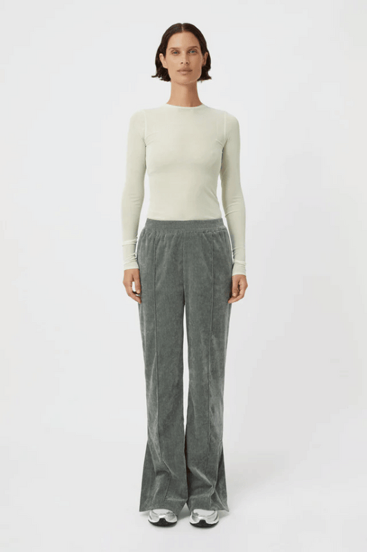 Aneta Velour Track Pant Agave by Camilla and Marc, luxe pintuck velour with side splits, perfect for stylish lounging or weekend errands.