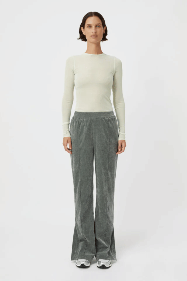 Aneta Velour Track Pant Agave by Camilla and Marc, luxe pintuck velour with side splits, perfect for stylish lounging or weekend errands.