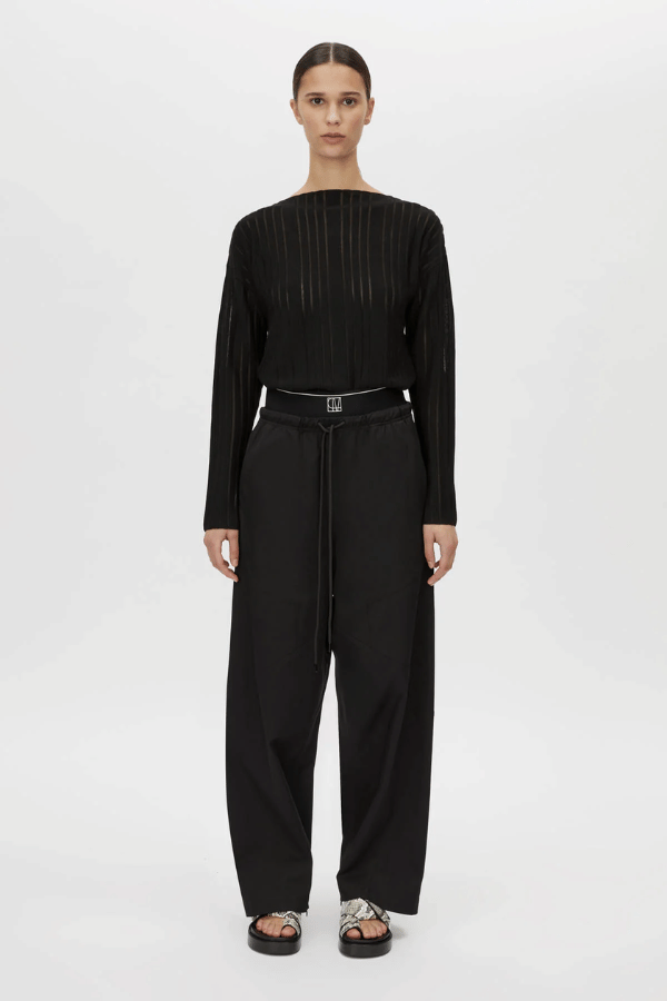 Cella Monogram Elastic Pant Black by Camilla and Marc, relaxed mid-rise pant with monogram waistband, slant pockets, and refined panel stitching.