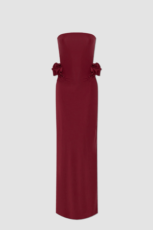 Calliope Dress Carmesi by Maygel Coronel – Strapless maxi dress with waist ruffles in iconic stretch fabric; bold, sleek, and sun-ready.
