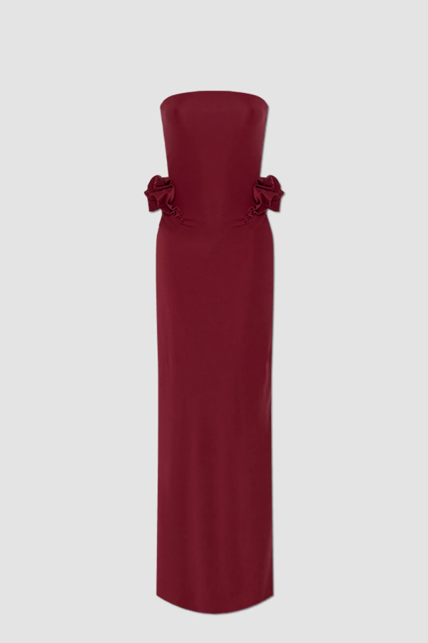Calliope Dress Carmesi by Maygel Coronel – Strapless maxi dress with waist ruffles in iconic stretch fabric; bold, sleek, and sun-ready.