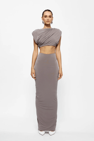 Bacall Top Nutmeg by Effie Kats – A trendy cropped top with sculpting ruching in soft jersey fabric. Perfect for chic, versatile looks from day to night.