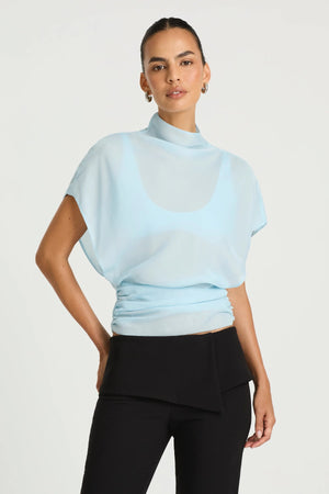 Dorothea Top in Sea Foam by Benni, a lightweight chiffon top with a draped high neckline, fitted waist, and optional bralette.
