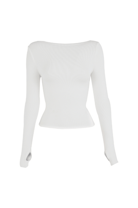 Camden Top Off White by Mossman, soft double-layered ribbed jersey with boat neckline and thumb sleeves, perfect for trendy layering and chic day-to-night looks.
