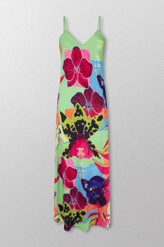 Siren Dress Wasabi Jungle by Summi Summi — Featuring vibrant hand-painted print and a lightweight satin fabric, this flowy summer dress offers effortless elegance and comfort.