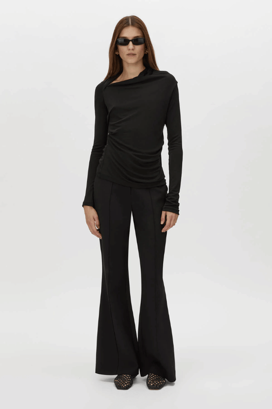 Mai Long Sleeve Top Black by Camilla and Marc – asymmetric twisted neckline with side tucks and sleek lining, perfect for elegant nights or polished day looks.
