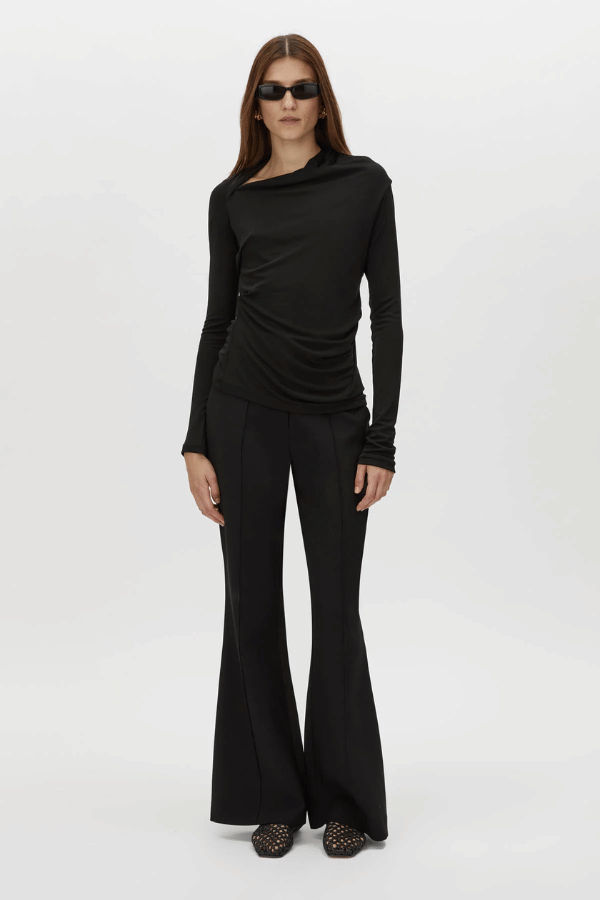 Mai Long Sleeve Top Black by Camilla and Marc – asymmetric twisted neckline with side tucks and sleek lining, perfect for elegant nights or polished day looks.