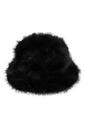 Snuggle Bucket Black by Lack of Color, a faux fur bucket hat with turnback brim and silky lining. Perfect for cozy winter styling.