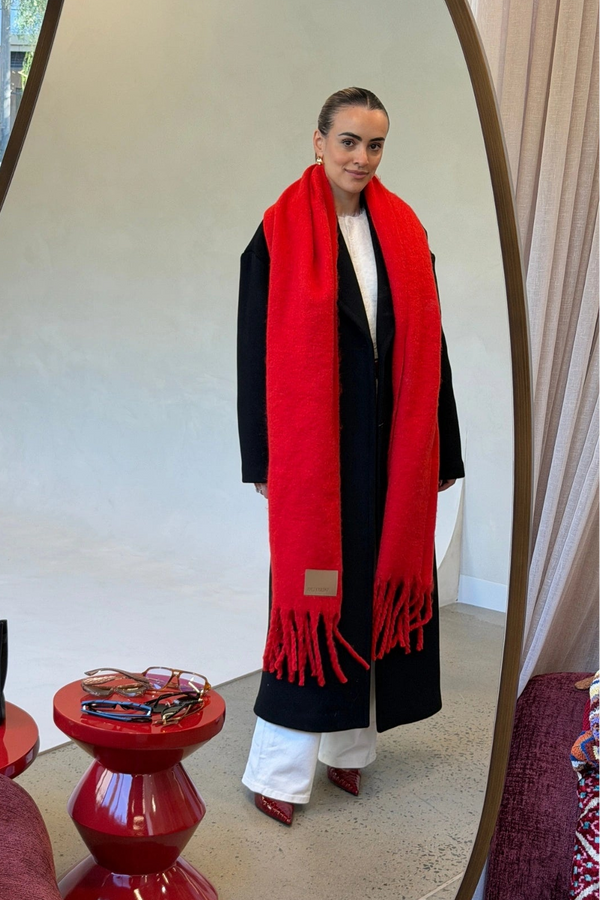 Freya Knitted Scarf Red by Sneaky Link, ultra soft red knit scarf, perfect for cozy winter layering