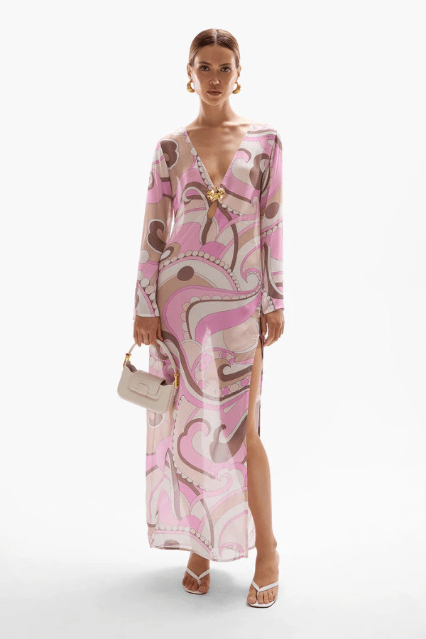 Hotline Orchid Maxi Dress Antibes by Cin Cin – A viral, flowy maxi with dreamy pastel swirls, keyhole neckline, and side split, ideal for resort lounging and summer nights.
