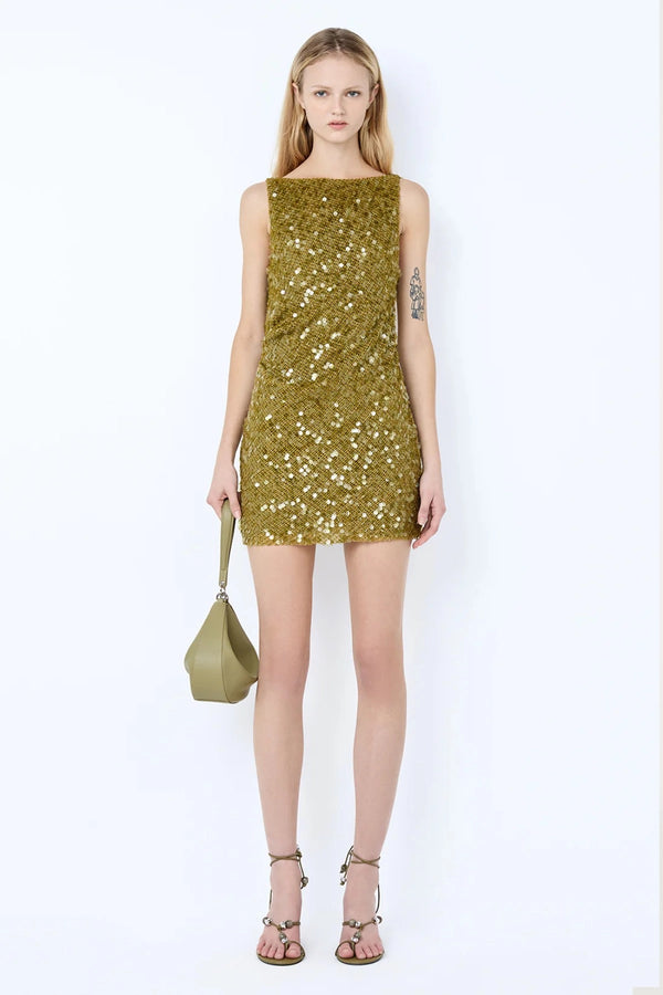 Cabine Boatneck Mini Dress in Moss by Bec + Bridge, a fully lined sequin mini with boat neckline, low scoop back, and raw hem.