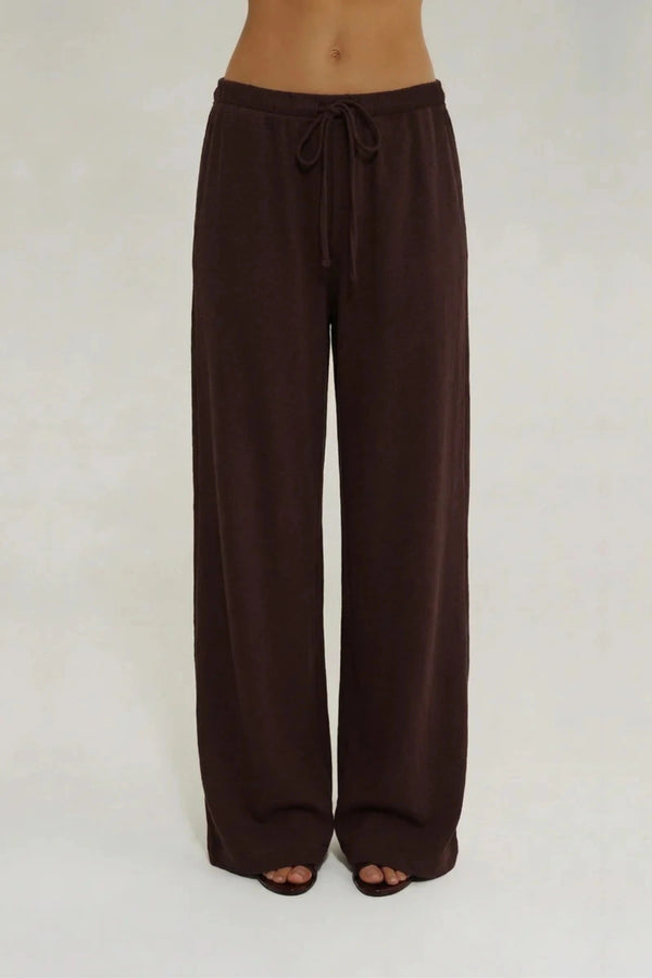 Lounge Pant in Chocolate by Summi Summi, a relaxed cotton slub knit pant with a flared leg and soft, comfortable drape.