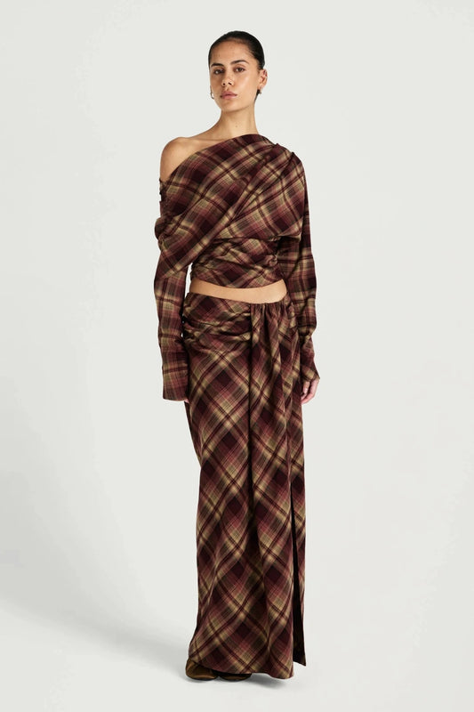 Ramona Maxi Skirt Plum Check by Benni, tartan maxi skirt with leg split, perfect for elevated evening styling