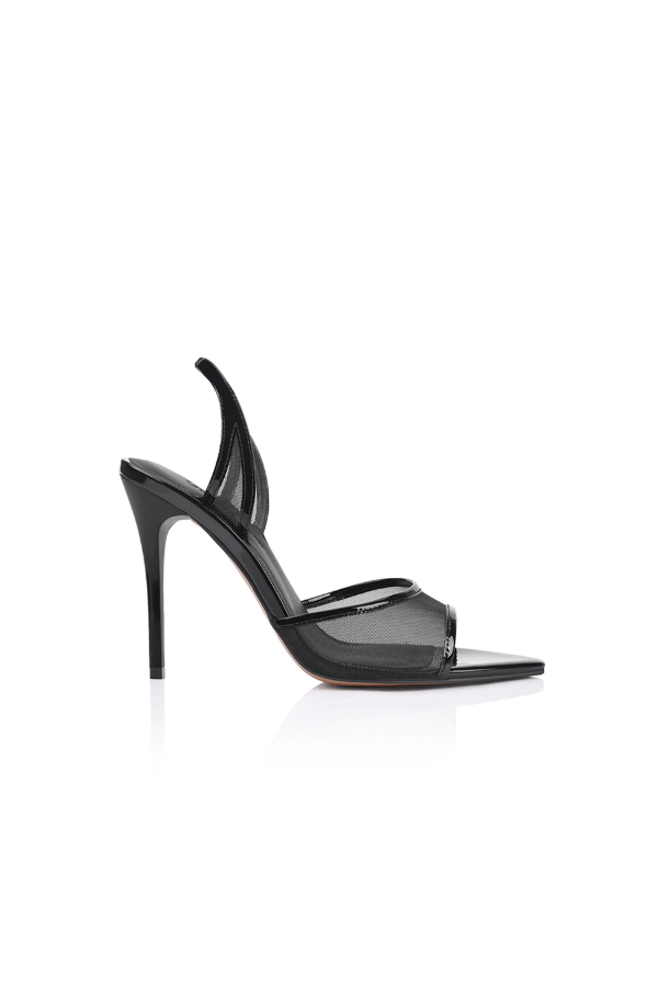 Maddison Sandal Black Mesh & Patent Leather by Lana Wilkinson, sheer slingback heel with glossy trim for bold and elegant evening looks.