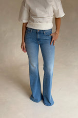 MOTHER The Doozy Room Service jeans, light wash flare denim with high rise fit and vintage inspired silhouette, everyday jeans for casual styling.