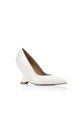 Molly Pump White Patent Leather by Lana Wilkinson, pointed toe leather pump with sculptural 10cm heel height