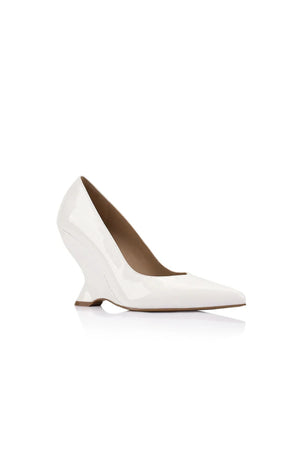 Molly Pump White Patent Leather by Lana Wilkinson, pointed toe leather pump with sculptural 10cm heel height