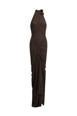 Opal Wood Long Dress by Maygel Coronel, ruched halter maxi dress with open back and sculptural draped silhouette.