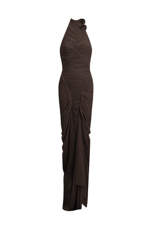 Opal Wood Long Dress by Maygel Coronel, ruched halter maxi dress with open back and sculptural draped silhouette.