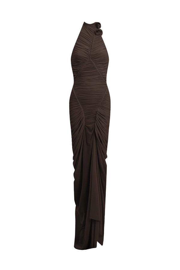Opal Wood Long Dress by Maygel Coronel, ruched halter maxi dress with open back and sculptural draped silhouette.