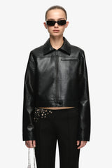 Saphira Cropped Jacket Black by Bec + Bridge – slim fit cropped faux leather jacket with matte black hardware.